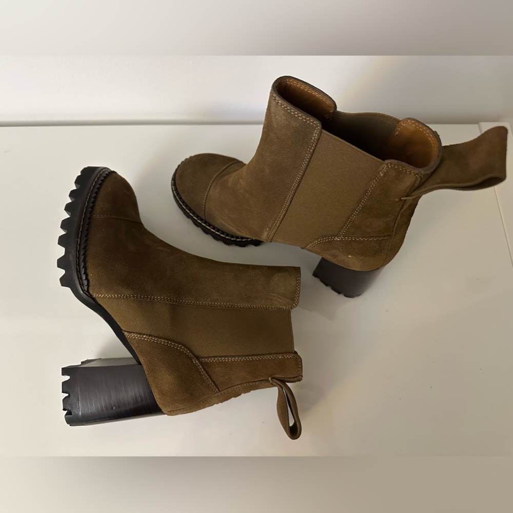 BNWOT- See by Chloé Mallory High Heel Ankle Boots Leather Suede Khaki Brown (36)